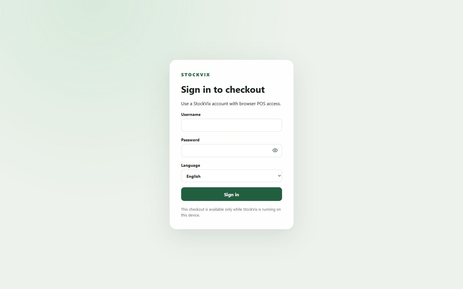 StockVix Browser-POS sign-in interface with sample data. See the browser-checkout sign-in interface.