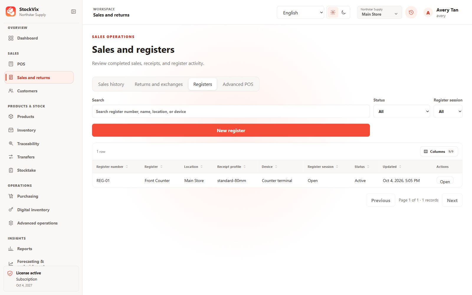 StockVix Registers interface with sample data. Review register identities, locations and session status.