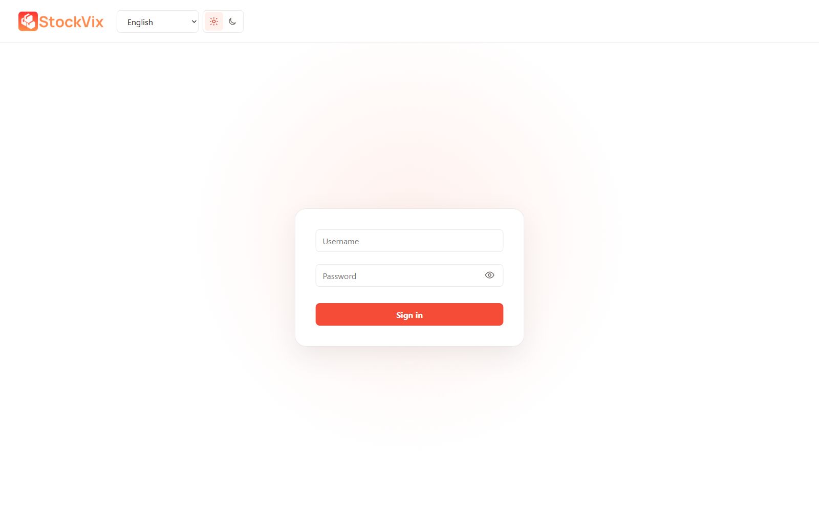 StockVix Application sign-in interface with sample data. See the simplified username and password form.
