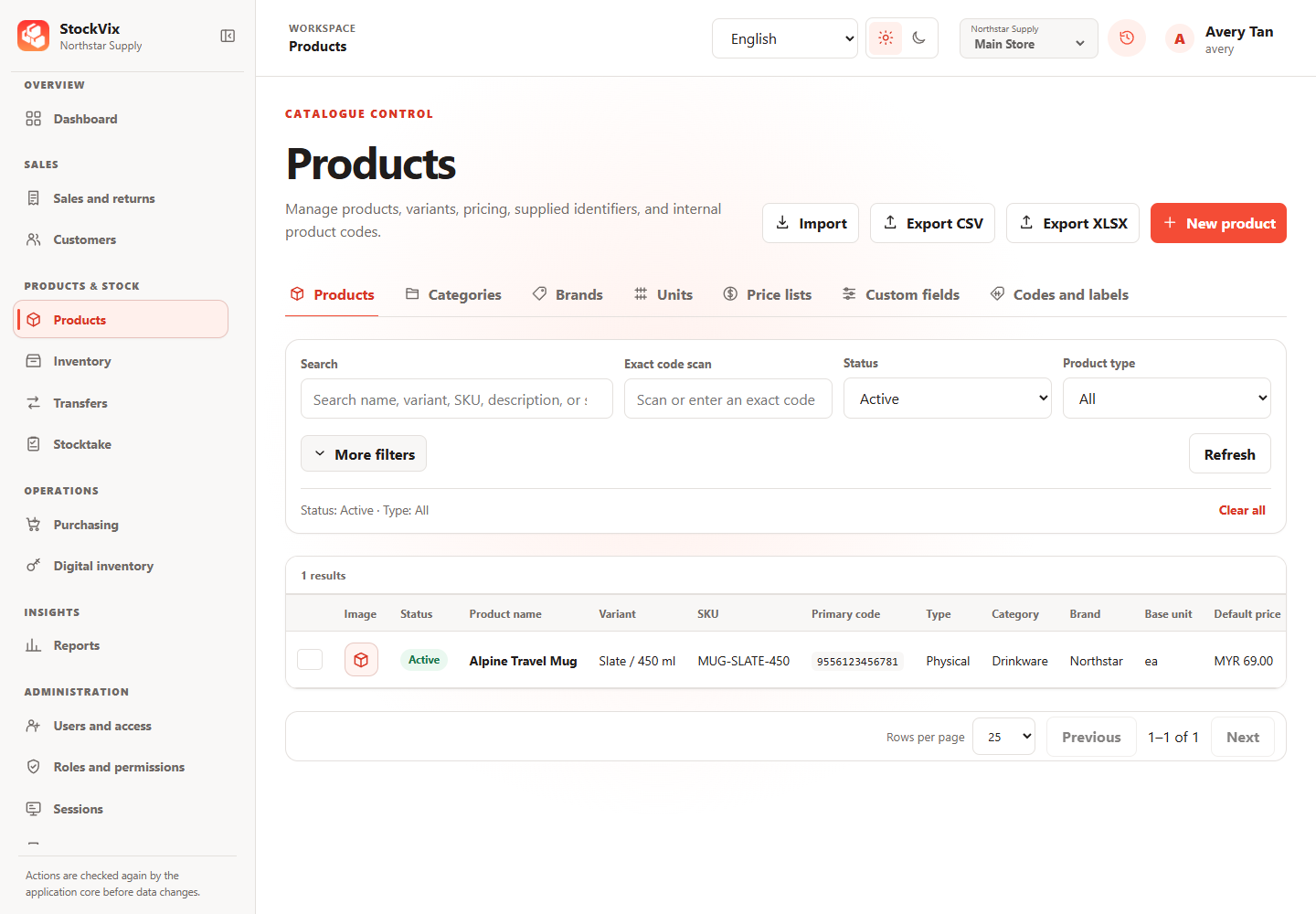 StockVix product catalogue with inventory tools